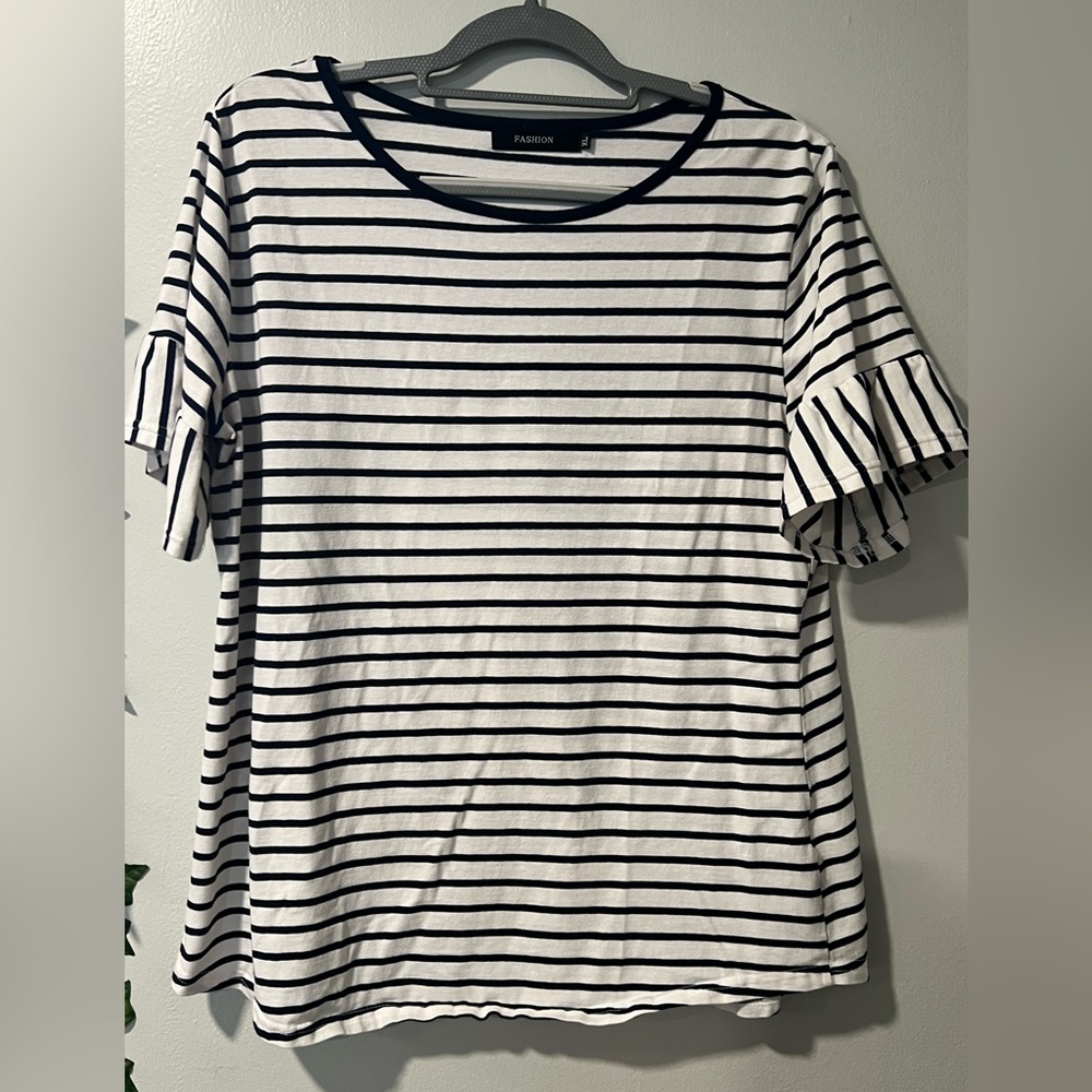 White and Navy Striped Short Sleeved Top with Ruffled sleeves